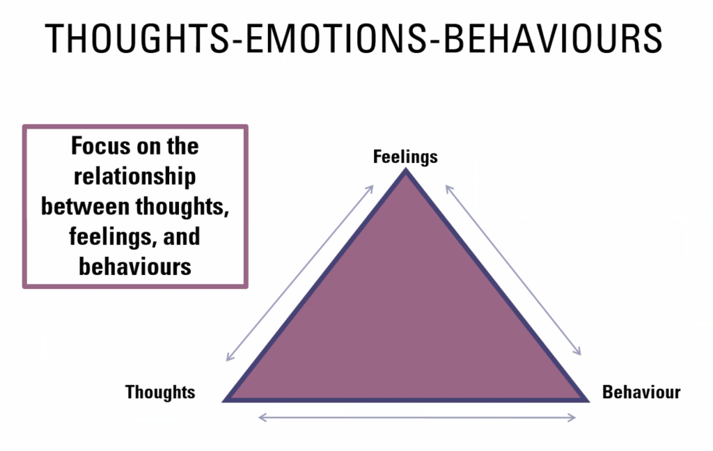 Thoughts-Emotions-Behaviours

Focus on the relationship between thoughts, feelings, and behaviours

Thoughts --> Feelings --> Behaviours (repeating cycle)